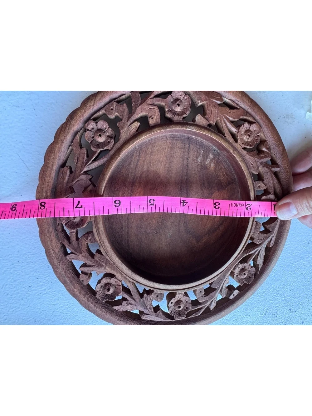 Vintage India Hand Carved Wood Bowl 8” Floral Openwork Pierced Trinket Dish